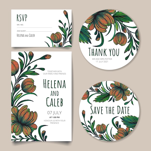 Wedding invitation card save the date card rsvp card thank you card with flowers leaves and branches