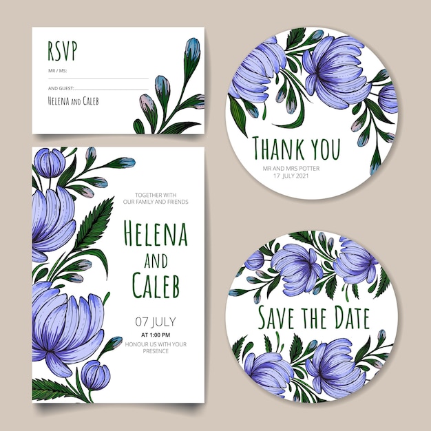 Wedding invitation card save the date card rsvp card thank you card with flowers leaves and branches