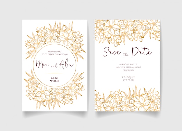 Wedding invitation card, save the date with golden flowers, leaves and branches.