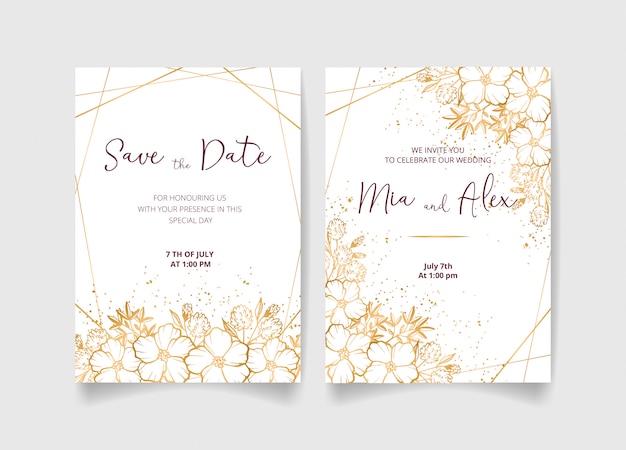 Wedding invitation card, save the date with golden flowers, leaves and branches.