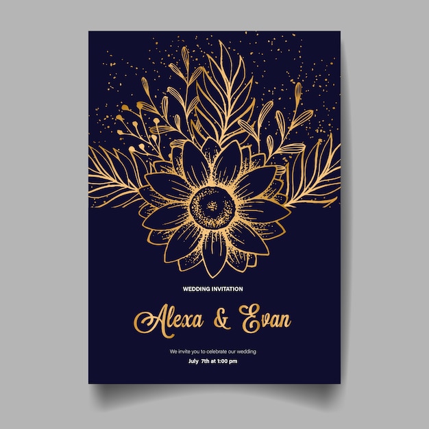 Wedding invitation card, save the date with golden flowers, leaves and branches.