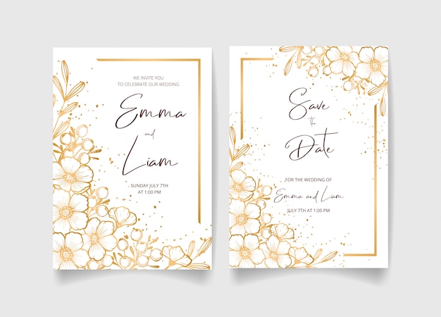 Wedding invitation card, save the date with golden frame, flowers, leaves and branches.