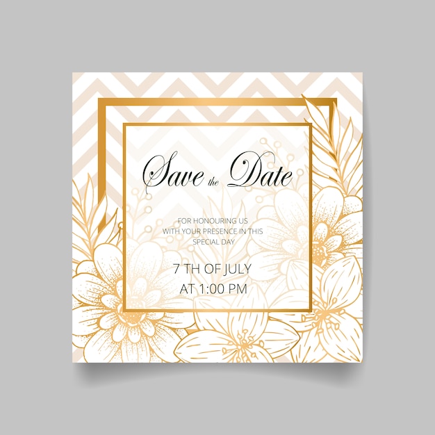 Wedding invitation card, save the date with golden frame, flowers, leaves and branches.