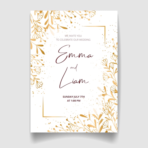 Wedding invitation card, save the date with golden frame, flowers, leaves and branches.