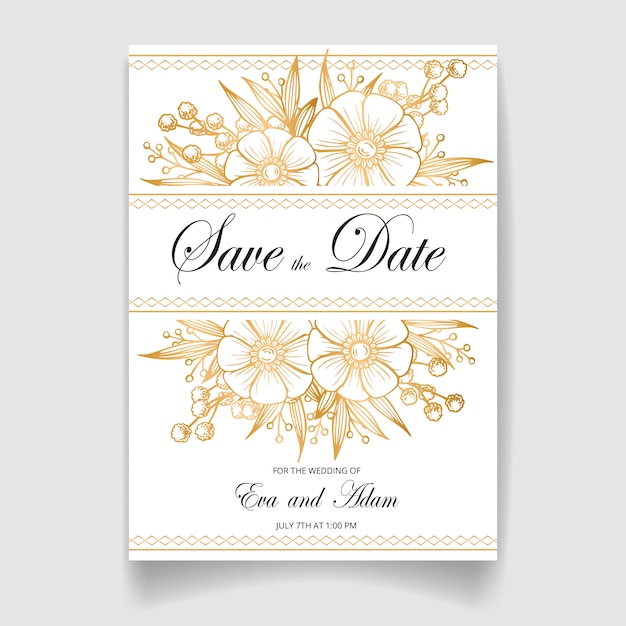 Wedding invitation card, save the date with golden frame, flowers, leaves and branches.