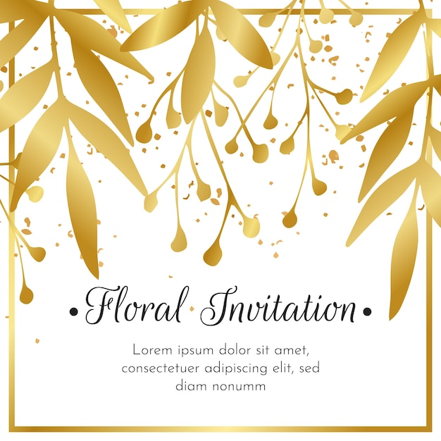 Wedding invitation card, save the date with golden frame, flowers, leaves and branches.