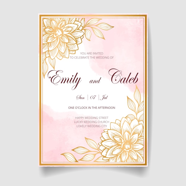 Wedding invitation card, save the date with watercolor background, golden flowers, leaves and branches.