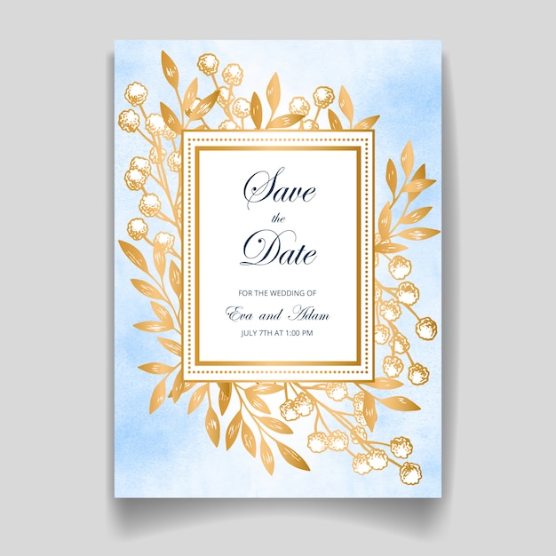 Wedding invitation card, save the date with watercolor background, golden flowers, leaves and branches.