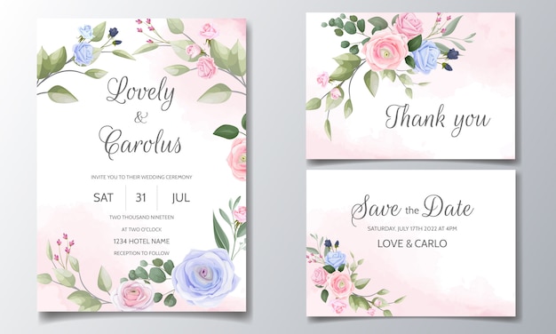 Wedding invitation card set template with beautiful floral frame