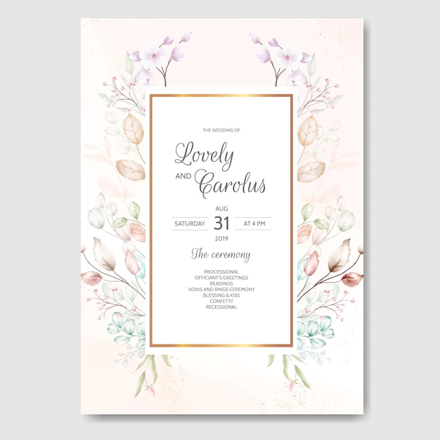 Wedding invitation card set template with beautiful watercolor floral and leaves