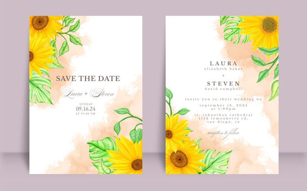 Wedding invitation card set with watercolor sunflowers