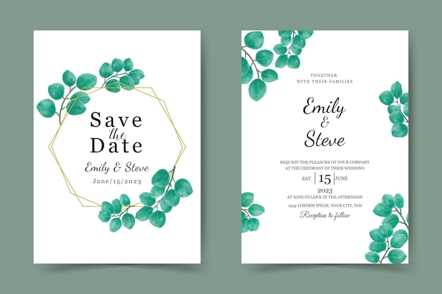 wedding invitation card template. beautiful watercolor leaves background