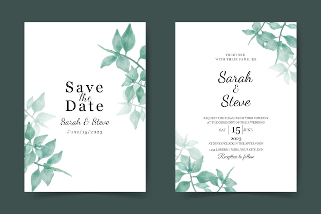 wedding invitation card template. beautiful watercolor leaves background