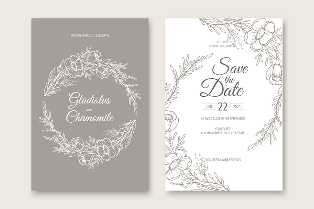 Wedding invitation card template design. Template, Frame with Flowers, Branches, Plants.