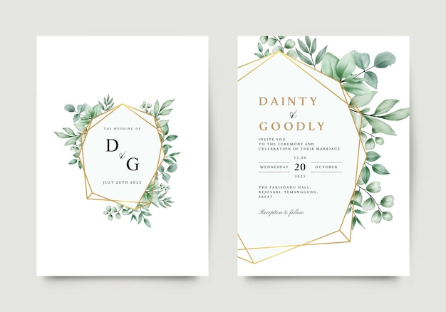 Vector wedding invitation card template leaves geometric gold frame