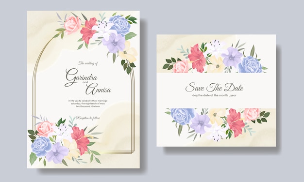 Wedding invitation card template set with beautiful colourful floral leaves Premium 