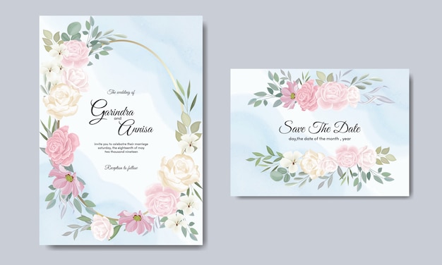 Wedding invitation card template set with beautiful colourful floral leaves Premium 