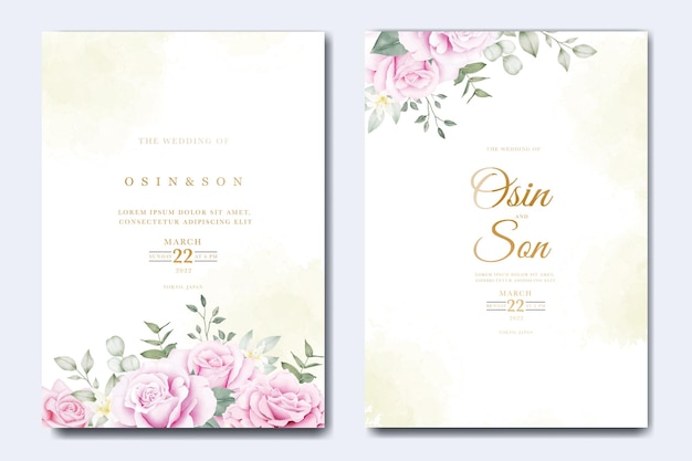 Wedding invitation card template set with beautiful floral leaves