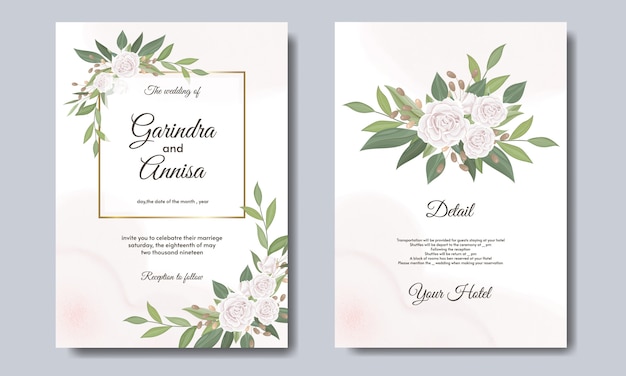 Wedding invitation card template set with beautiful floral leaves  