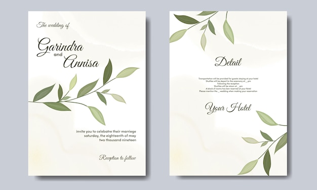 Wedding invitation card template set with beautiful floral leaves  