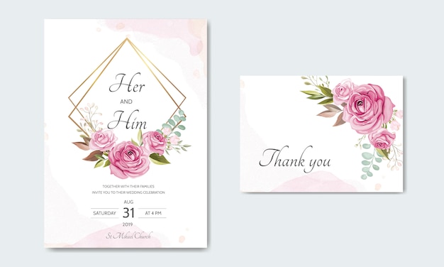 wedding invitation card template set with beautiful floral leaves