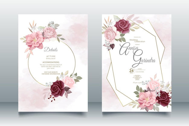 Wedding invitation card template set with beautiful maroon floral leaves Premium Vector