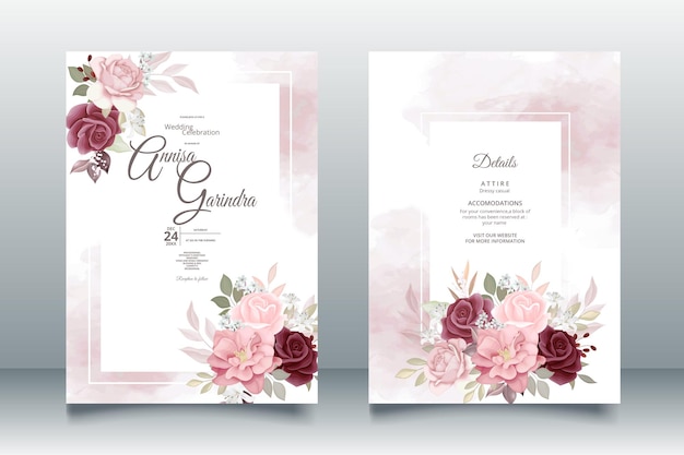 Wedding invitation card template set with beautiful maroon floral leaves Premium Vector