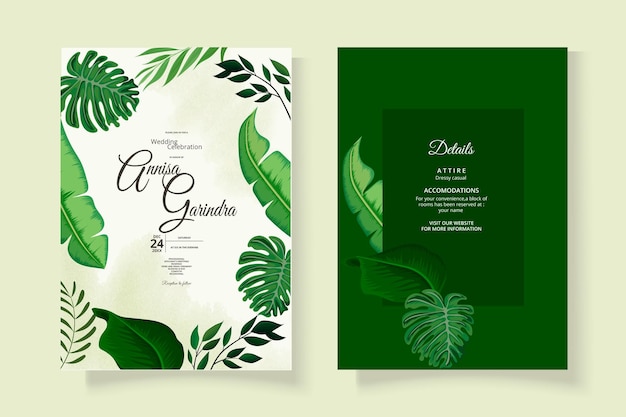 Wedding invitation card template set with beautiful tropical leaves Premium Vector