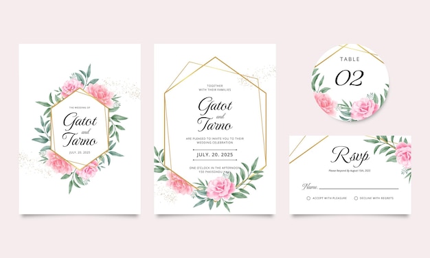 Wedding invitation card template set with golden geometric frame rose flower and green leaves watercolor illustration