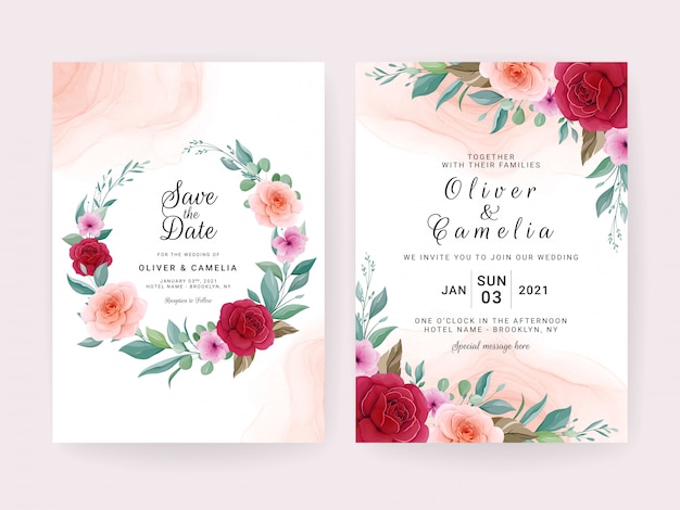 Wedding invitation card template set with rose, anemone flowers, and leaves