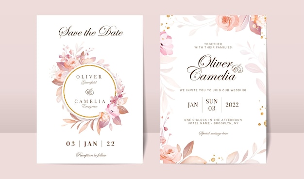 Wedding invitation card template set with soft floral and watercolor background