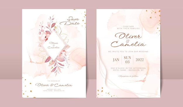 Wedding invitation card template set with soft floral and watercolor background