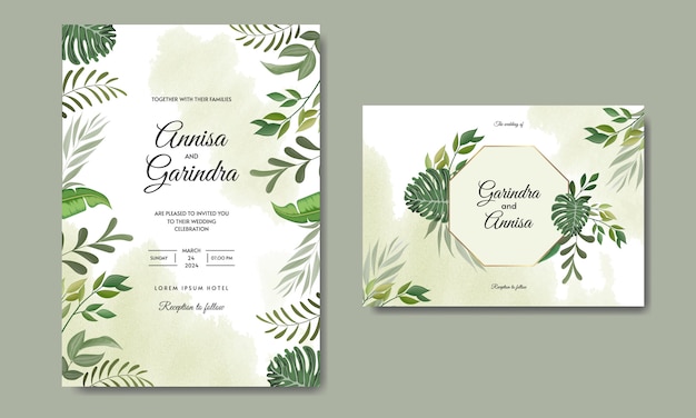 Wedding invitation card template set with tropical leaves decoration 