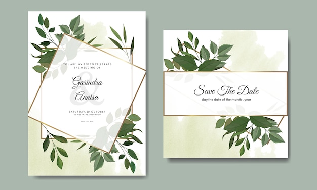 Wedding invitation card template set with tropical leaves decoration 