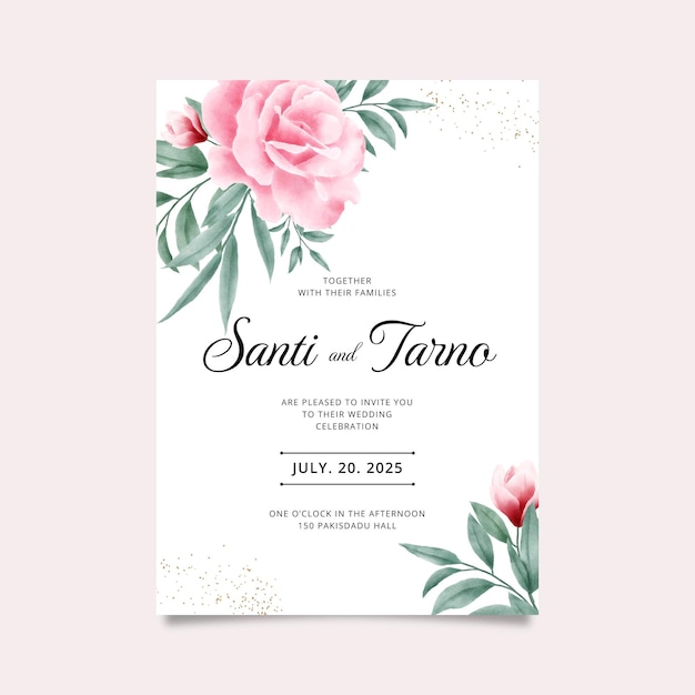 Wedding invitation card template set with watercolor rose flower decoration