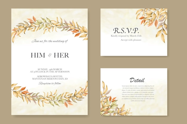 Wedding invitation card template with autumn leaves