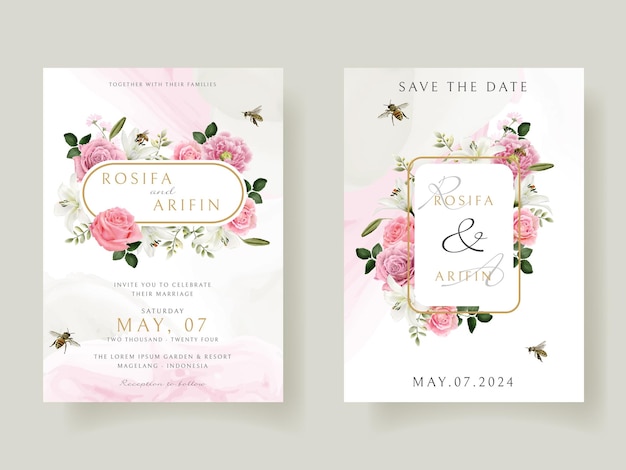 wedding invitation card template with beautiful floral hand drawn