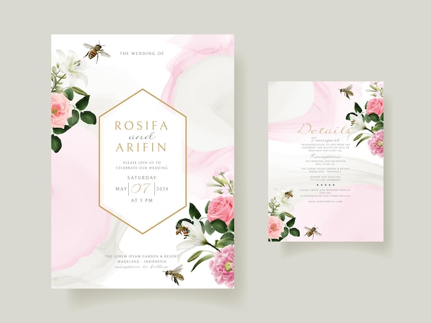 wedding invitation card template with beautiful floral hand drawn