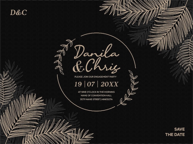 Wedding invitation card template with beautiful leaves vector