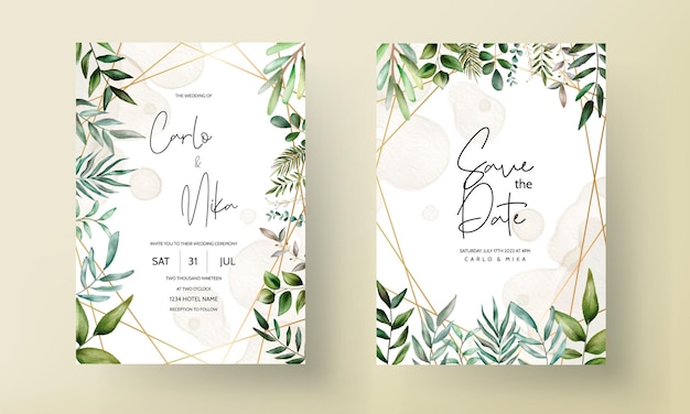 Vector wedding invitation card template with beautiful leaves