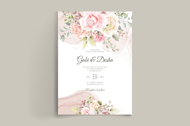 Wedding invitation card template with beautiful watercolor roses