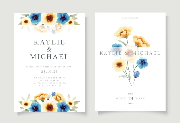 Wedding Invitation Card Template with Blue Yellow Flowers Watercolor