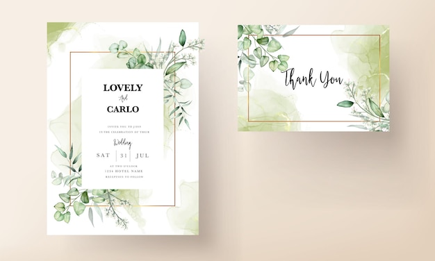 Vector wedding invitation card template with eucalyptus leaves watercolor