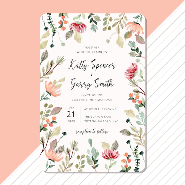 wedding invitation card template with floral and foliage watercolor frame