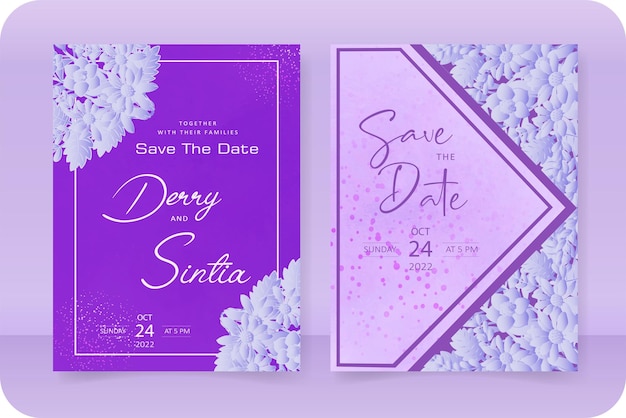 wedding invitation card template, with flower and leaf decoration, purple background