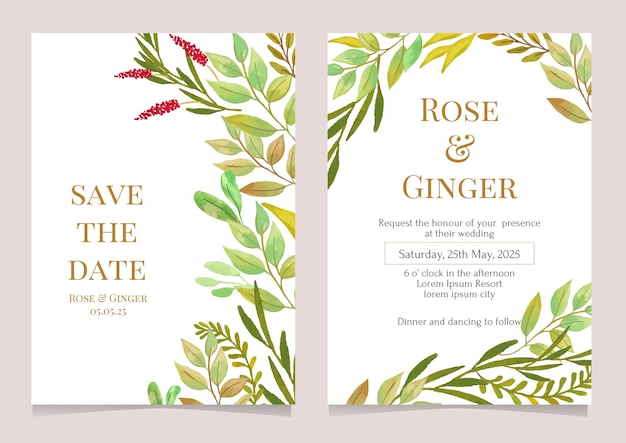 Wedding invitation card template with greenery watercolor illustration