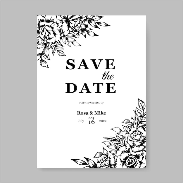 Wedding invitation card template with outline flower