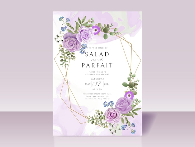 Wedding invitation card template with purple flowers