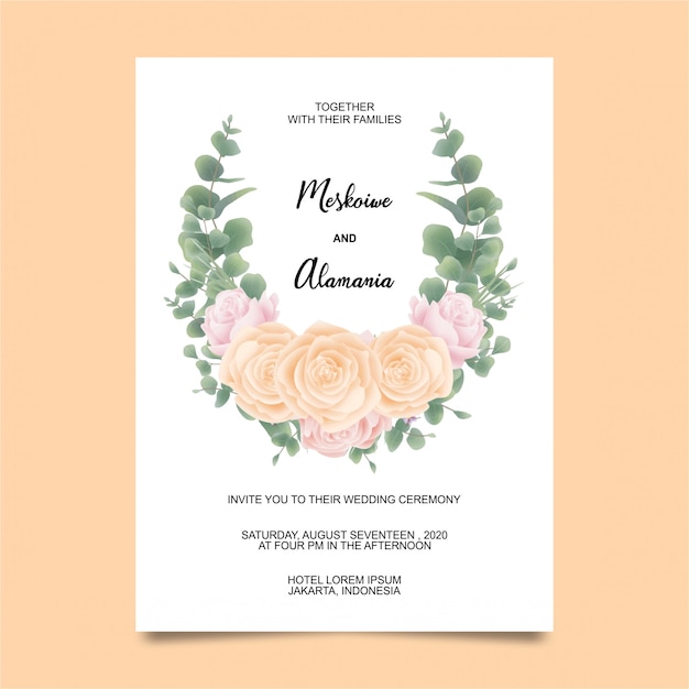 Wedding invitation card template with rose flower and eucalyptus style watercolor