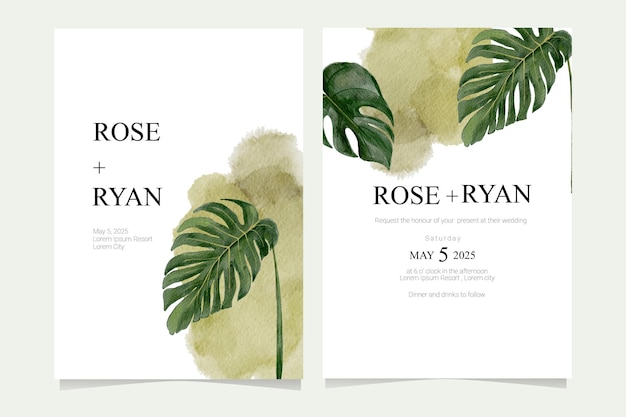 Wedding invitation card template with tropical leaf watercolor illustration